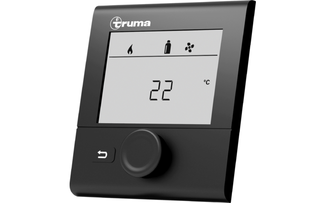 Schwarzes rechteckiges Bediengerät mit Truma-Logo oben links, Display mit drei Symbolen (Flamme, Gasflasche, Ventilator) und der Anzeige '22 °C'. Unter dem Display ein großes Drehrad und eine Taste mit Pfeil nach links