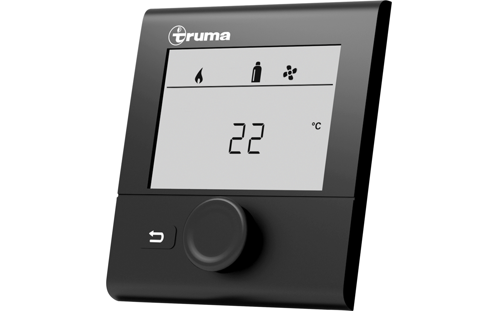 Schwarzes rechteckiges Bediengerät mit Truma-Logo oben links, Display mit drei Symbolen (Flamme, Gasflasche, Ventilator) und der Anzeige '22 °C'. Unter dem Display ein großes Drehrad und eine Taste mit Pfeil nach links