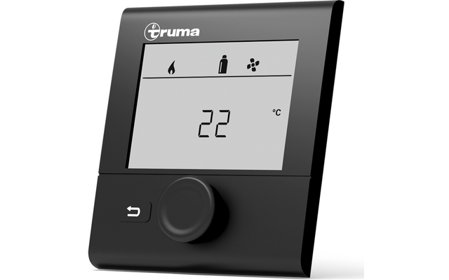 Schwarzes rechteckiges Bediengerät mit Truma-Logo oben links, Display mit drei Symbolen (Flamme, Gasflasche, Ventilator) und der Anzeige '22 °C'. Unter dem Display ein großes Drehrad und eine Taste mit Pfeil nach links