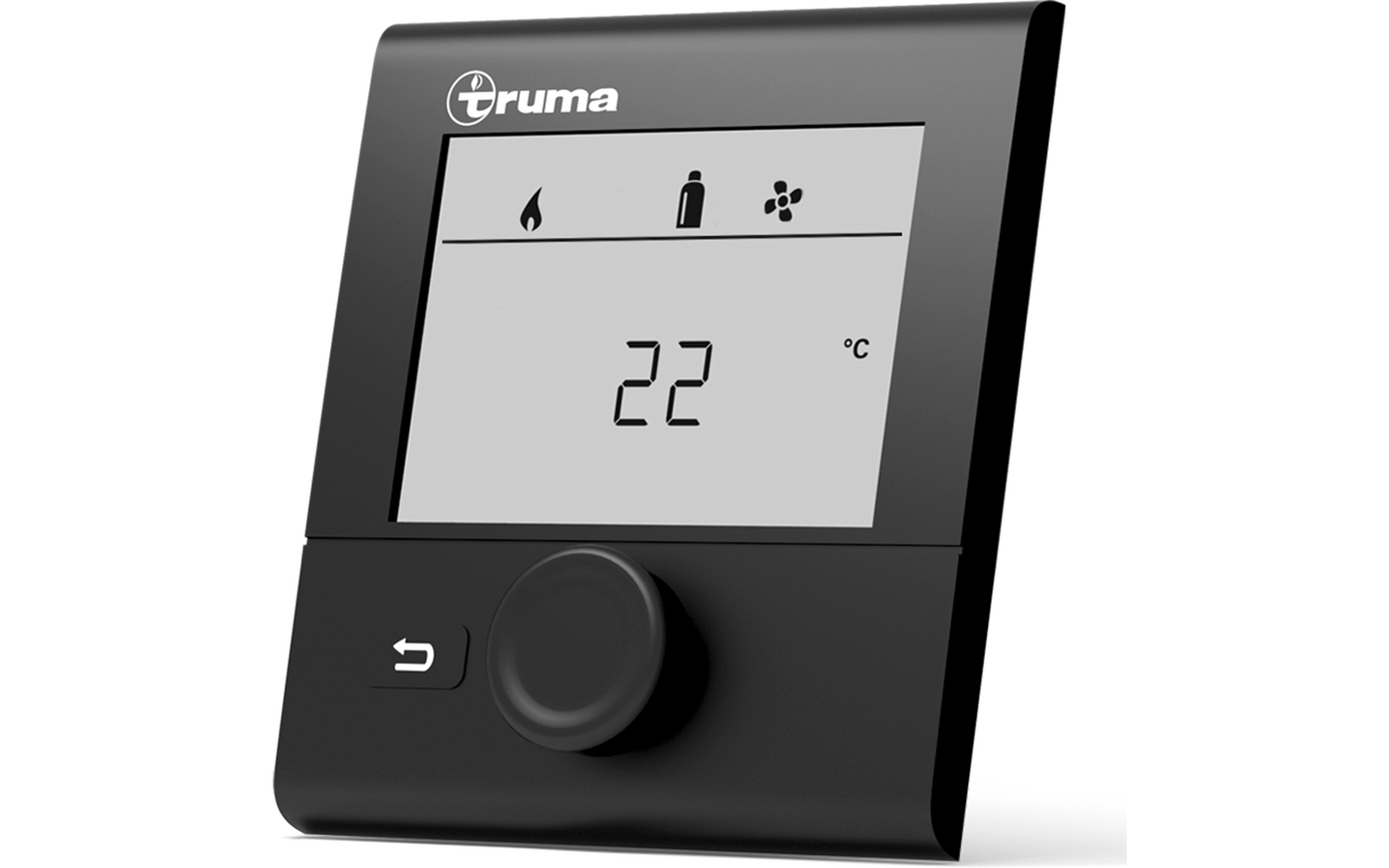 Schwarzes rechteckiges Bediengerät mit Truma-Logo oben links, Display mit drei Symbolen (Flamme, Gasflasche, Ventilator) und der Anzeige '22 °C'. Unter dem Display ein großes Drehrad und eine Taste mit Pfeil nach links