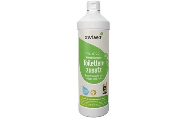White plastic bottle with screw cap and green label, printed text 'awiwa WC mobil Toilettenzusatz'