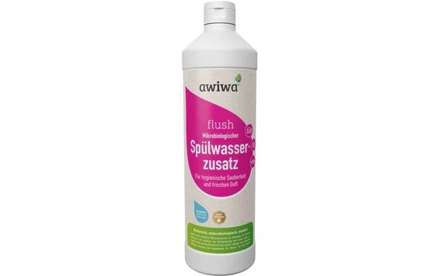 White plastic bottle with screw cap and pink label showing the texts "awiwa", "flush" and "Mikrobiological rinse water additive" (German text on label), green leaf symbol and small round pictograms