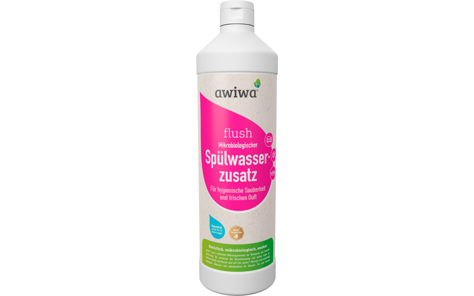 Botella de plástico blanca con tapón de rosca y etiqueta rosa y blanca con la inscripción 'awiwa flush Mikrobiologischer Spülwasserzusatz'