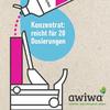 Illustration: weiße Tube, magentafarbene Tropfen, rosa Rechteck und weißes Spenderteil, blauer Kreis mit weißem Text 'Konzentrat: reicht für 20 Dosierungen', unten rechts Logo 'awiwa®' mit grün-blauem Blatt und Text 'natürlich-mikrobiologisch - saube