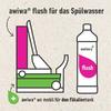 Grafik: links schematische grün-rosa Einheit mit aufgerichtetem weißem Hebel/Deckel und zwei Rädern, rechts weiße Flasche mit rosa Tropfen und Aufschrift 'awiwa flush'. Oben Schriftzug 'awiwa® flush für das Spülwasser', unten grüner Kreis mit weißem 