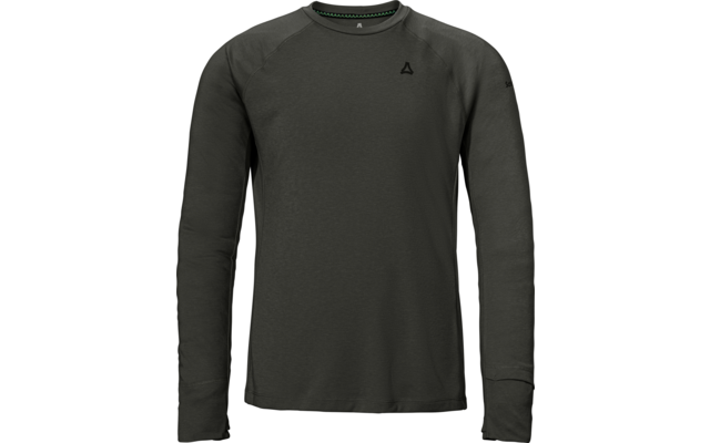 Maglia a maniche lunghe verde scuro con scollo rotondo, piccolo logo nero sul lato sinistro del petto e cuciture visibili su spalle e maniche