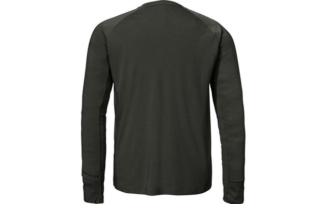 Vista posteriore di una maglia maniche lunghe verde scuro su sfondo bianco