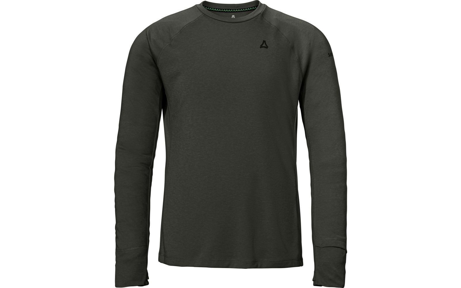 Maglia a maniche lunghe verde scuro con scollo rotondo, piccolo logo nero sul lato sinistro del petto e cuciture visibili su spalle e maniche
