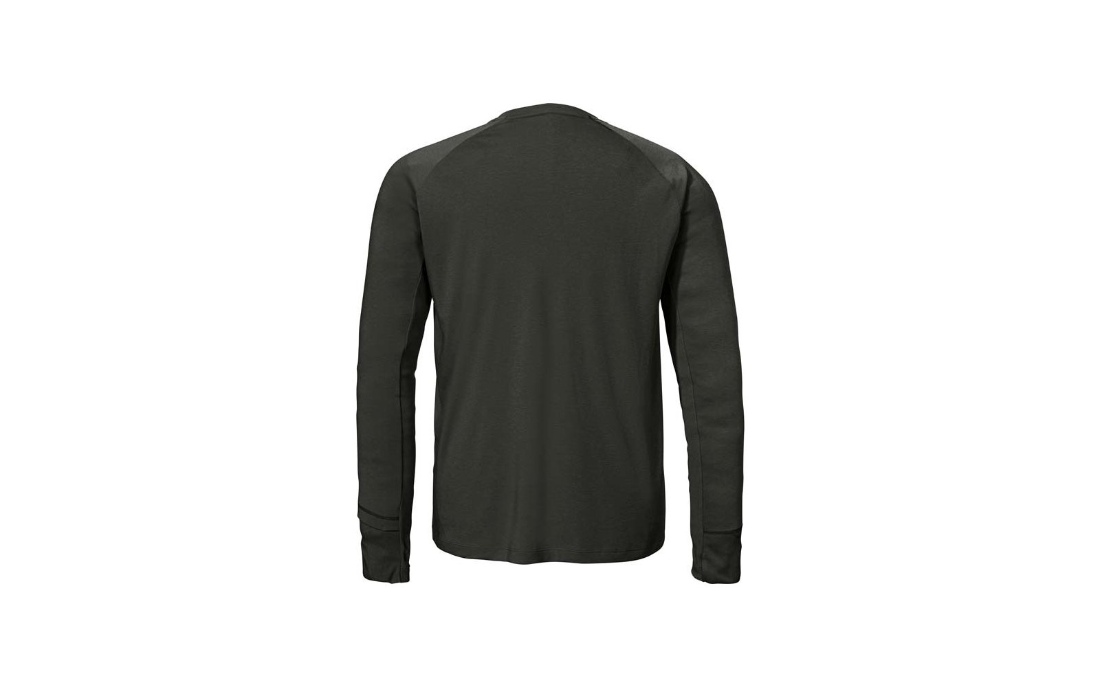Vista posteriore di una maglia maniche lunghe verde scuro su sfondo bianco