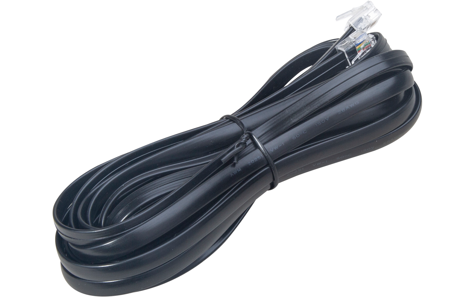 Schwarzes flaches Kabel mit zwei transparenten Modularsteckern an den Enden, aufgerollt und mit einer schwarzen Bindung zusammengebunden, auf weißem Hintergrund