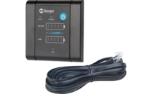 Schwarzes rechteckiges Gerät mit Schriftzug 'Berger', blauem Ein-/Ausschalt‑Symbol, zwei Balkenanzeigen beschriftet 'BATTERY' und 'LOAD', zusätzliche Beschriftungen 'FAULT', 'POWER' und 'ATS', sowie aufgewickeltes schwarzes Kabel mit RJ11‑Steckern