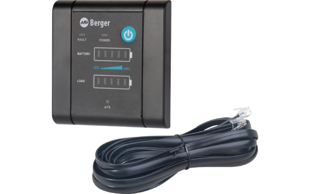 Schwarzes rechteckiges Gerät mit Schriftzug 'Berger', blauem Ein-/Ausschalt‑Symbol, zwei Balkenanzeigen beschriftet 'BATTERY' und 'LOAD', zusätzliche Beschriftungen 'FAULT', 'POWER' und 'ATS', sowie aufgewickeltes schwarzes Kabel mit RJ11‑Steckern