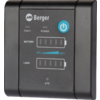 Schwarzes rechteckiges Bedienfeld mit Markenlogo 'Berger' und rundem Emblem, hellblauem Power-Symbol, Beschriftungen 'FAULT', 'POWER', 'BATTERY', 'LOAD', 'ATS', zwei rechteckigen Batterie-Balken und einer blauen Skala mit '20%' und '100%'