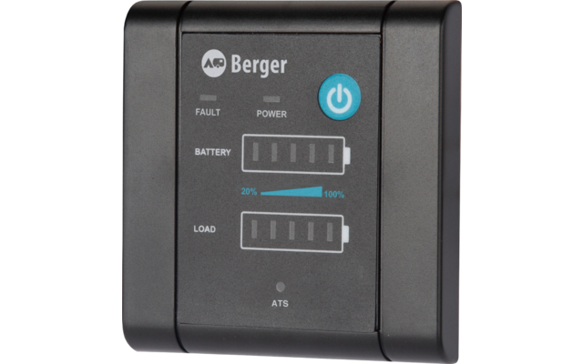 Schwarzes rechteckiges Bedienfeld mit Markenlogo 'Berger' und rundem Emblem, hellblauem Power-Symbol, Beschriftungen 'FAULT', 'POWER', 'BATTERY', 'LOAD', 'ATS', zwei rechteckigen Batterie-Balken und einer blauen Skala mit '20%' und '100%'