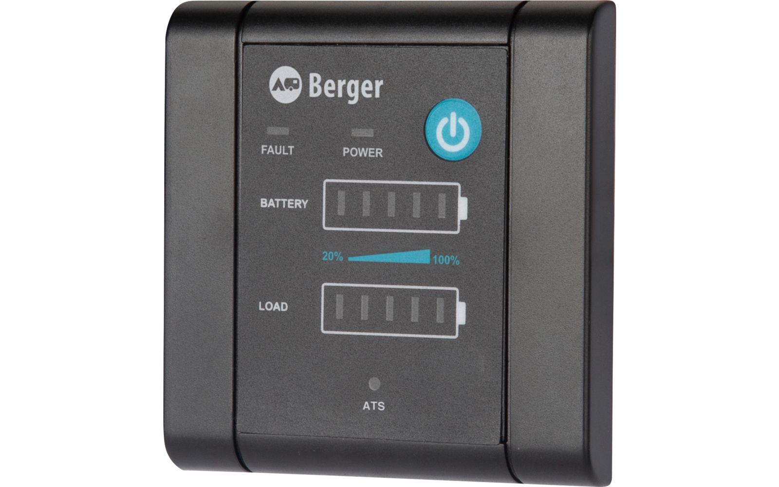 Schwarzes rechteckiges Bedienfeld mit Markenlogo 'Berger' und rundem Emblem, hellblauem Power-Symbol, Beschriftungen 'FAULT', 'POWER', 'BATTERY', 'LOAD', 'ATS', zwei rechteckigen Batterie-Balken und einer blauen Skala mit '20%' und '100%'