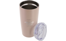 Gobelet thermique beige avec couvercle transparent ouvert