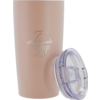 Beige drinkbeker met transparante deksel en grijze opdruk ‚camp life‘ met bergmotief