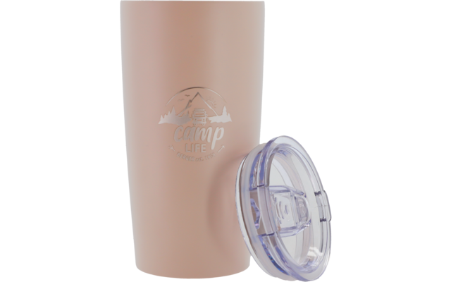 Beige drinkbeker met transparante deksel en grijze opdruk ‚camp life‘ met bergmotief