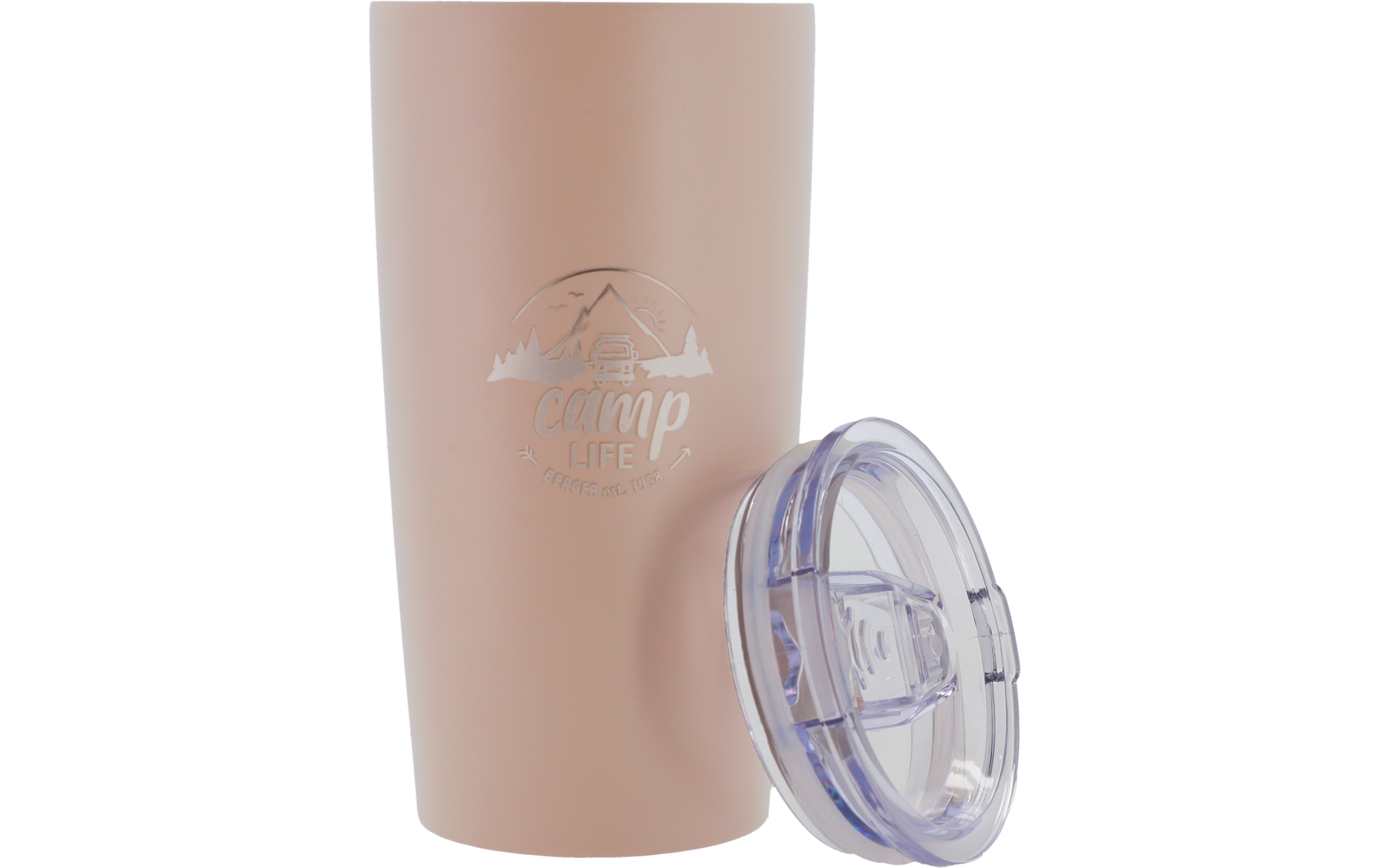 Beige drinkbeker met transparante deksel en grijze opdruk ‚camp life‘ met bergmotief