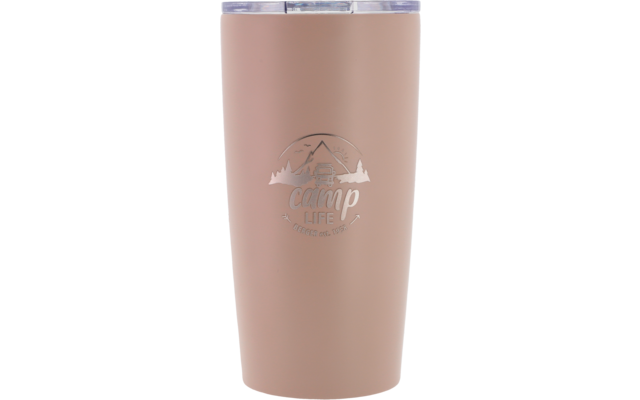 Beige metalen drinkbeker met doorzichtige deksel en opdruk