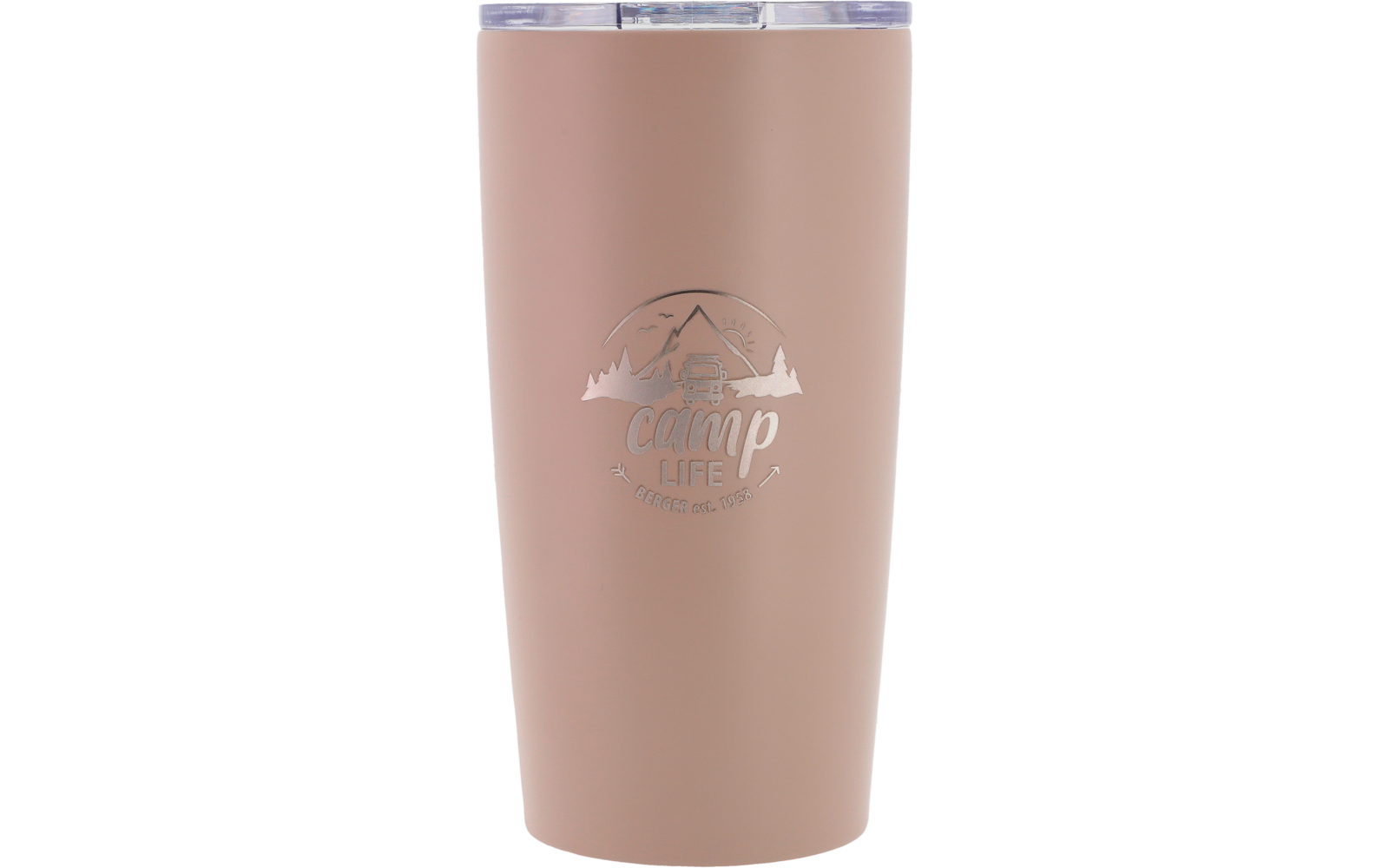 Beige metalen drinkbeker met doorzichtige deksel en opdruk
