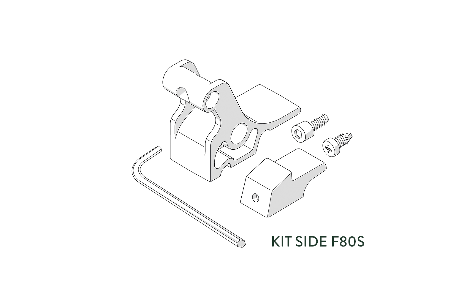 Metallhalterung mit Scharnier und zwei runden Öffnungen, ein separater rechteckiger Block mit Bohrung, ein L-förmiger Inbusschlüssel, eine Sechskantmutter mit Schraube, eine versenkte Kreuzschlitzschraube und der Text 'KIT SIDE F80S'