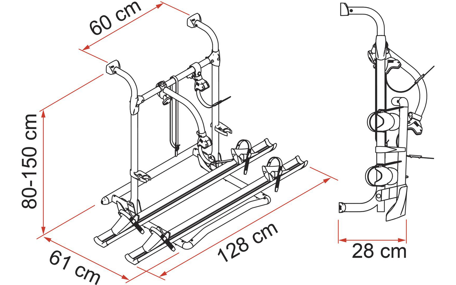 Schwarz-weiße technische Linienzeichnung eines Fahrradträgers mit zwei Schienen, Haltearmen, Riemen und Klemmen; markierte Maße 128 cm, 61 cm, 60 cm, 80-150 cm und 28 cm