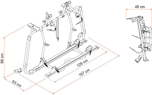 Metallrahmen mit drei waagerechten Haltearmen, zwei parallelen Schienen, Spanngurten und roten Maßlinien mit 167 cm, 128 cm, 88 cm, 63 cm und 48 cm; rechts eine Seitenansicht