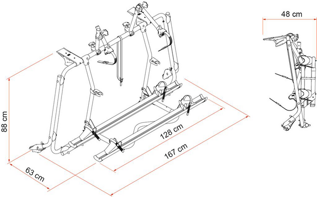 Metallrahmen mit drei waagerechten Haltearmen, zwei parallelen Schienen, Spanngurten und roten Maßlinien mit 167 cm, 128 cm, 88 cm, 63 cm und 48 cm; rechts eine Seitenansicht
