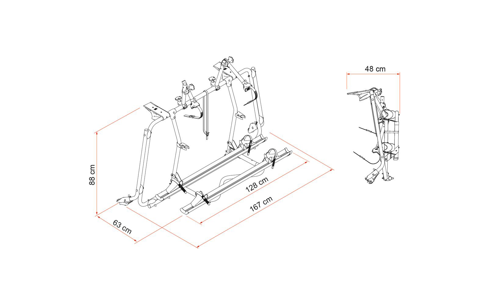 Metallrahmen mit drei waagerechten Haltearmen, zwei parallelen Schienen, Spanngurten und roten Maßlinien mit 167 cm, 128 cm, 88 cm, 63 cm und 48 cm; rechts eine Seitenansicht