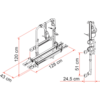 Technische tekening met twee aanzichten van een metalen frame met twee parallelle rails, gebogen buizen, bevestigingsplaten en afmetingen 120 cm, 128 cm, 43 cm, 24,5 cm, 51 cm