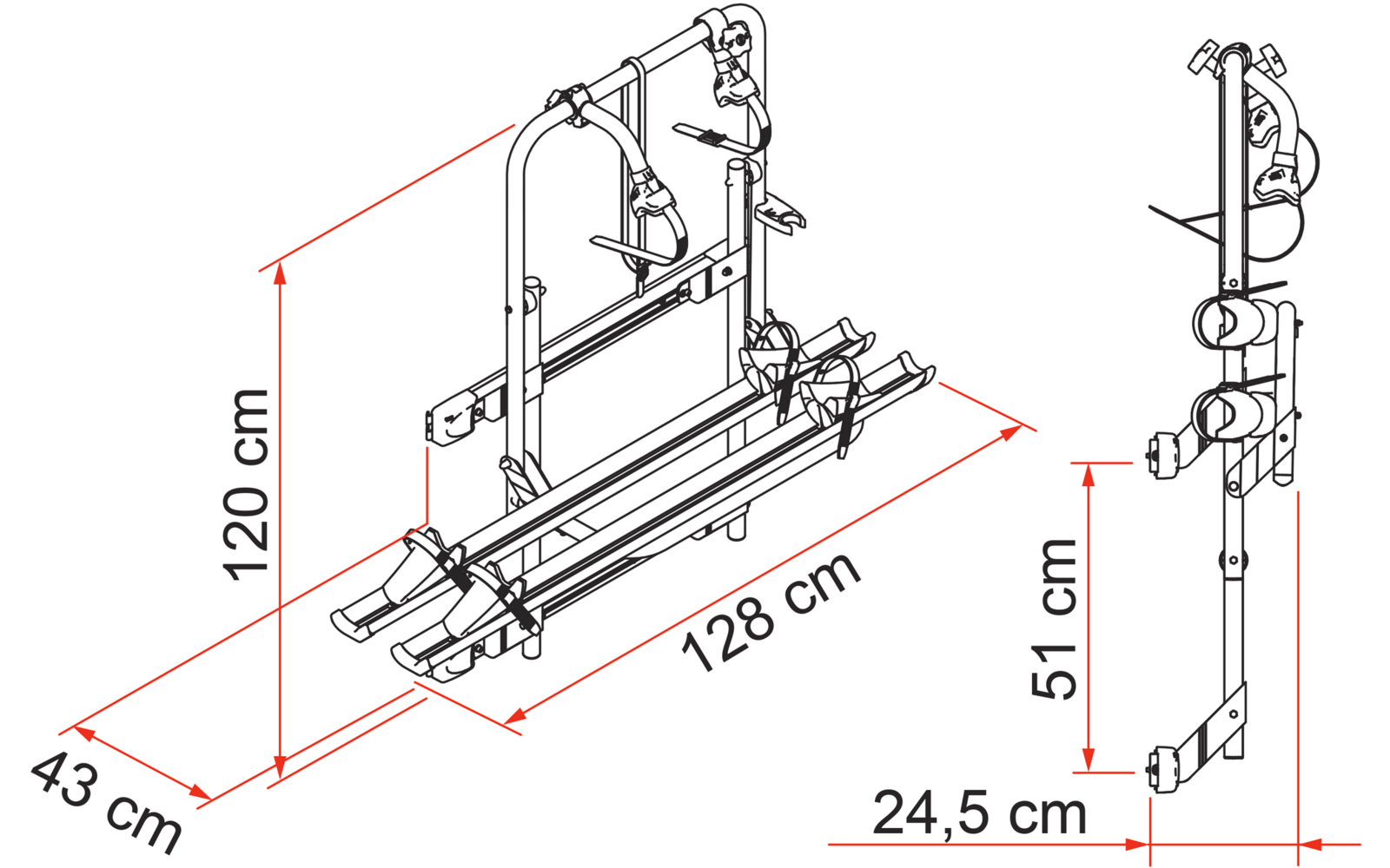 Technische tekening met twee aanzichten van een metalen frame met twee parallelle rails, gebogen buizen, bevestigingsplaten en afmetingen 120 cm, 128 cm, 43 cm, 24,5 cm, 51 cm