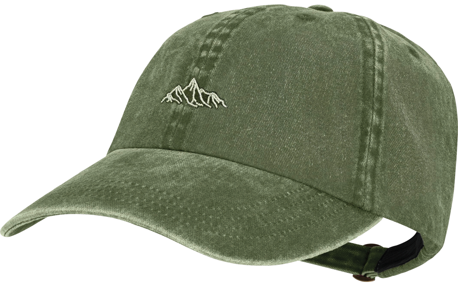 Olijfgroene baseballpet met gebogen klep en klein wit geborduurd bergmotief aan de voorkant; verstelbare band met metalen gesp achteraan