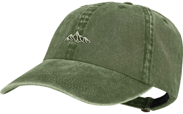 Olijfgroene baseballpet met gebogen klep en klein wit geborduurd bergmotief aan de voorkant; verstelbare band met metalen gesp achteraan