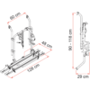 Technische Zeichnung eines Metallgestells mit zwei Längsschienen, Halterungen und Gurten, mit Beschriftungen: 128 cm, 48 cm, 60 cm, Höhe 90–118 cm, Tiefe 29 cm