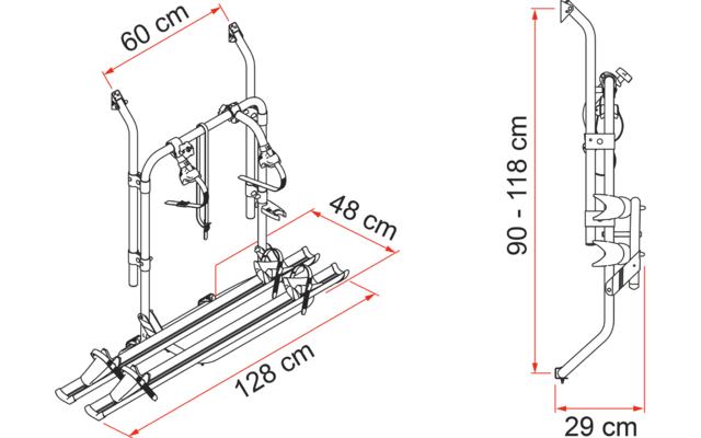 Technische Zeichnung eines Metallgestells mit zwei Längsschienen, Halterungen und Gurten, mit Beschriftungen: 128 cm, 48 cm, 60 cm, Höhe 90–118 cm, Tiefe 29 cm