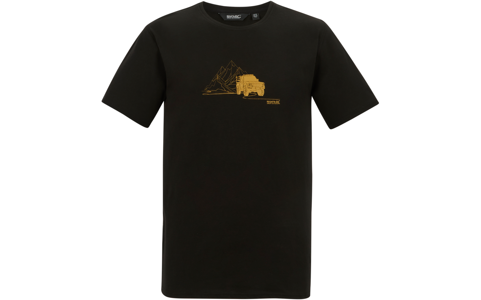 Schwarzes T-shirt mit kleinem goldfarbenem Linienmotiv mittig oberhalb der Brust: Bergkonturen links, Lkw rechts; kleines Textlogo unterhalb rechts des Motivs