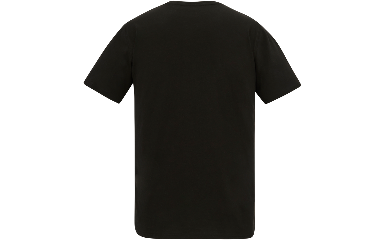 Rückansicht eines schwarzen T-Shirts vor weißem Hintergrund