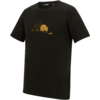Schwarzes T-Shirt mit kurzen Ärmeln, auf Brusthöhe kleines gelbes Motiv mit Bergen und einem Fahrzeug