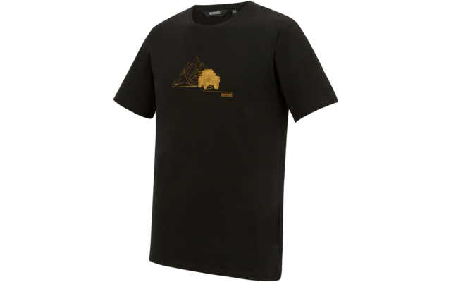 Schwarzes T-Shirt mit kurzen Ärmeln, auf Brusthöhe kleines gelbes Motiv mit Bergen und einem Fahrzeug