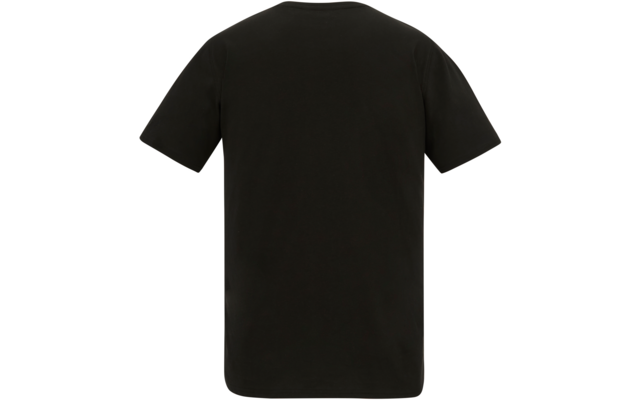 Rückansicht eines schwarzen T-Shirts vor weißem Hintergrund