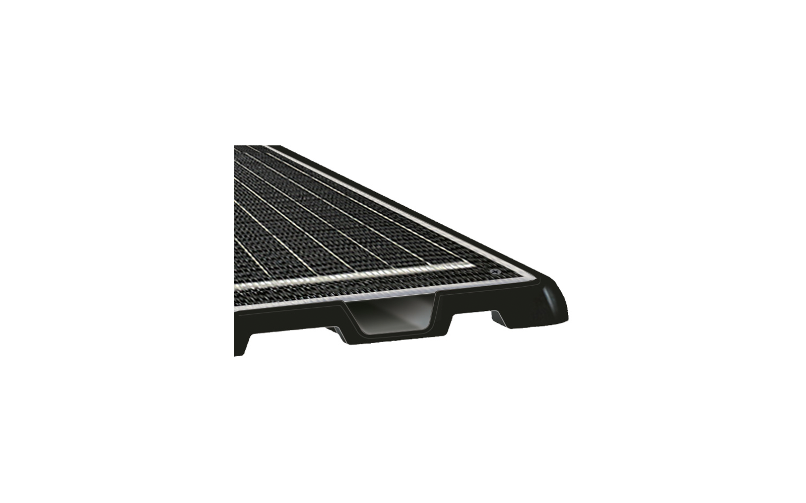 Nahaufnahme einer rechteckigen Platte mit dunkler, gitterförmiger Oberfläche, hellen Linien und schwarzem Rahmen mit Aussparung