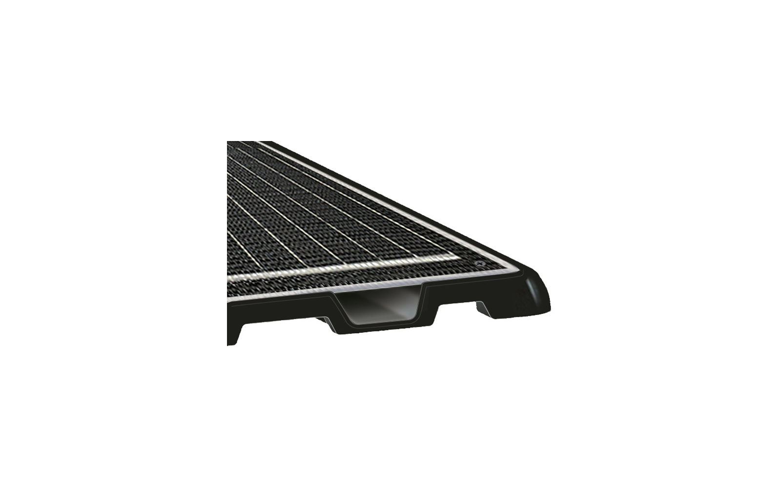 Nahaufnahme einer rechteckigen Platte mit dunkler, gitterförmiger Oberfläche, hellen Linien und schwarzem Rahmen mit Aussparung