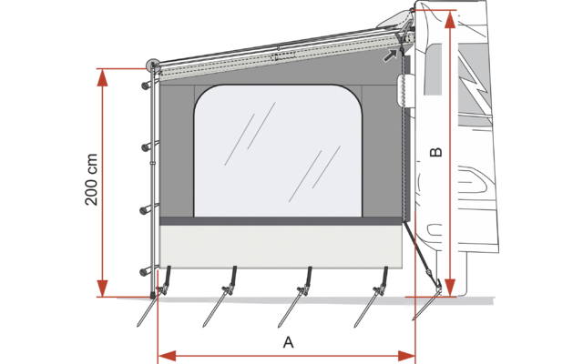 Textile Plane an der rechten Seite eines Fahrzeugs befestigt, zentrales rechteckiges Fenster mit abgerundeten Ecken, seitliche Stützstangen, fünf Abspannleinen mit Heringen, rote Maßpfeile links (200 cm), unten (A) und rechts (B)