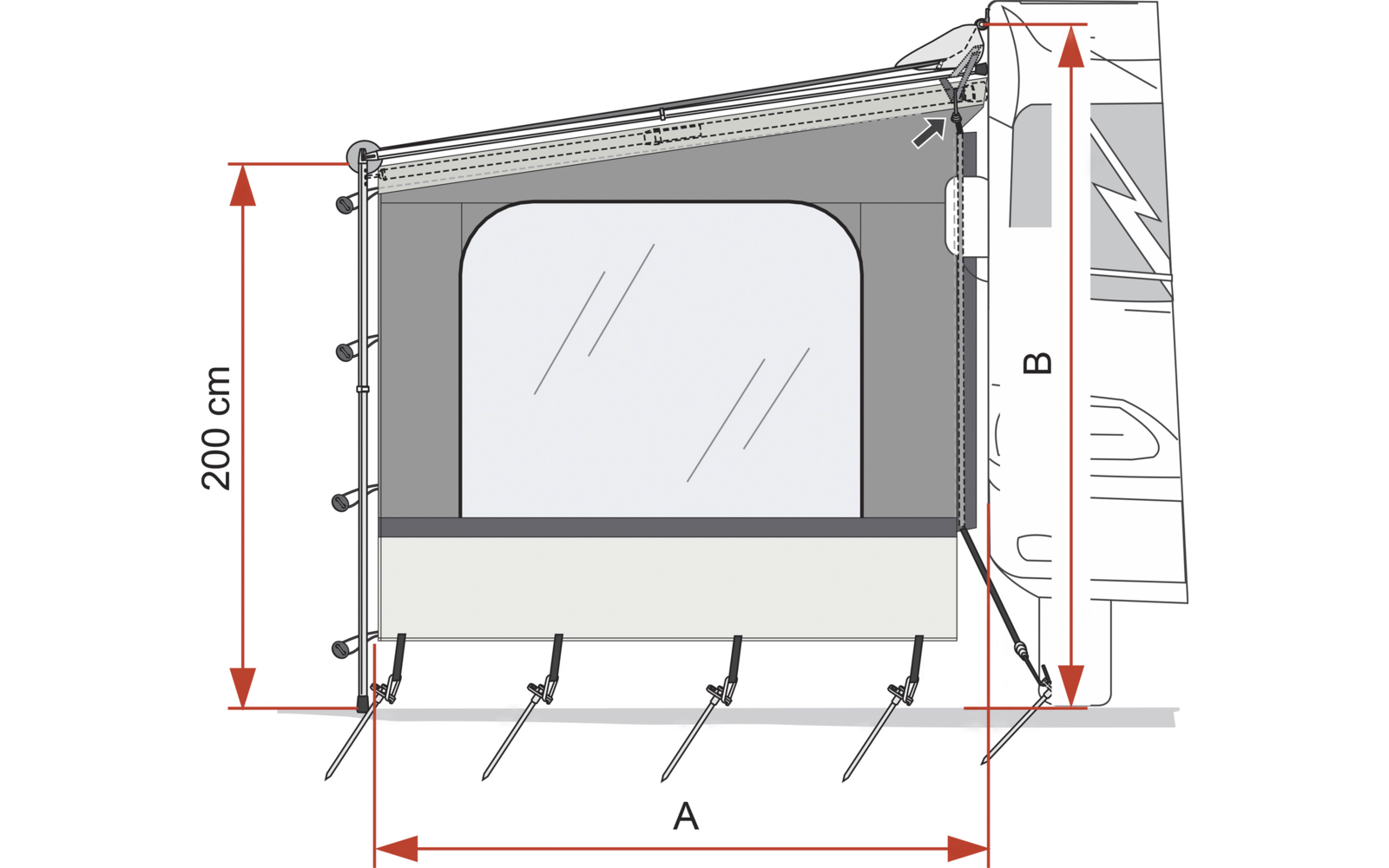 Textile Plane an der rechten Seite eines Fahrzeugs befestigt, zentrales rechteckiges Fenster mit abgerundeten Ecken, seitliche Stützstangen, fünf Abspannleinen mit Heringen, rote Maßpfeile links (200 cm), unten (A) und rechts (B)
