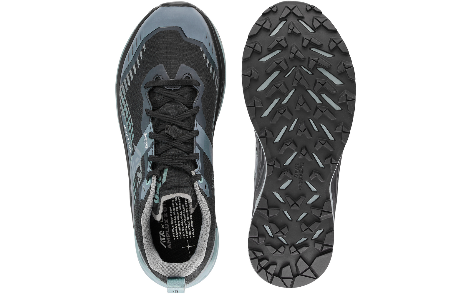 Eine schwarze und graue Sportschuh von oben und unten fotografiert