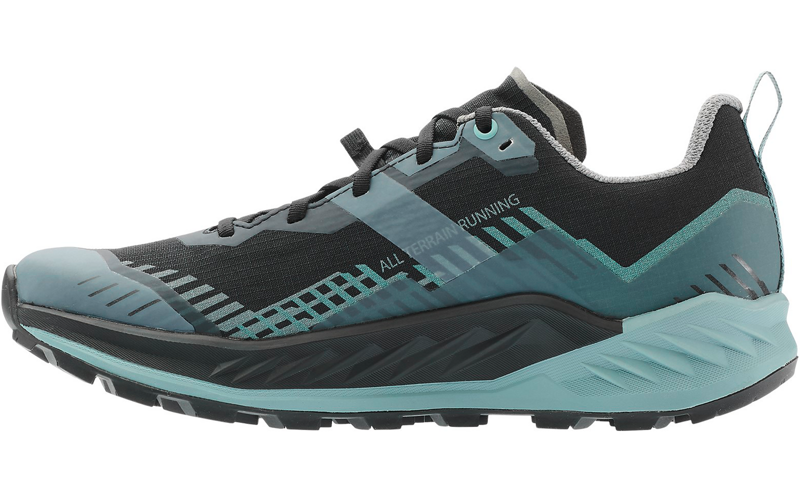 Ein sportlicher schwarzer und blauer Laufschuh mit leichter Sohle