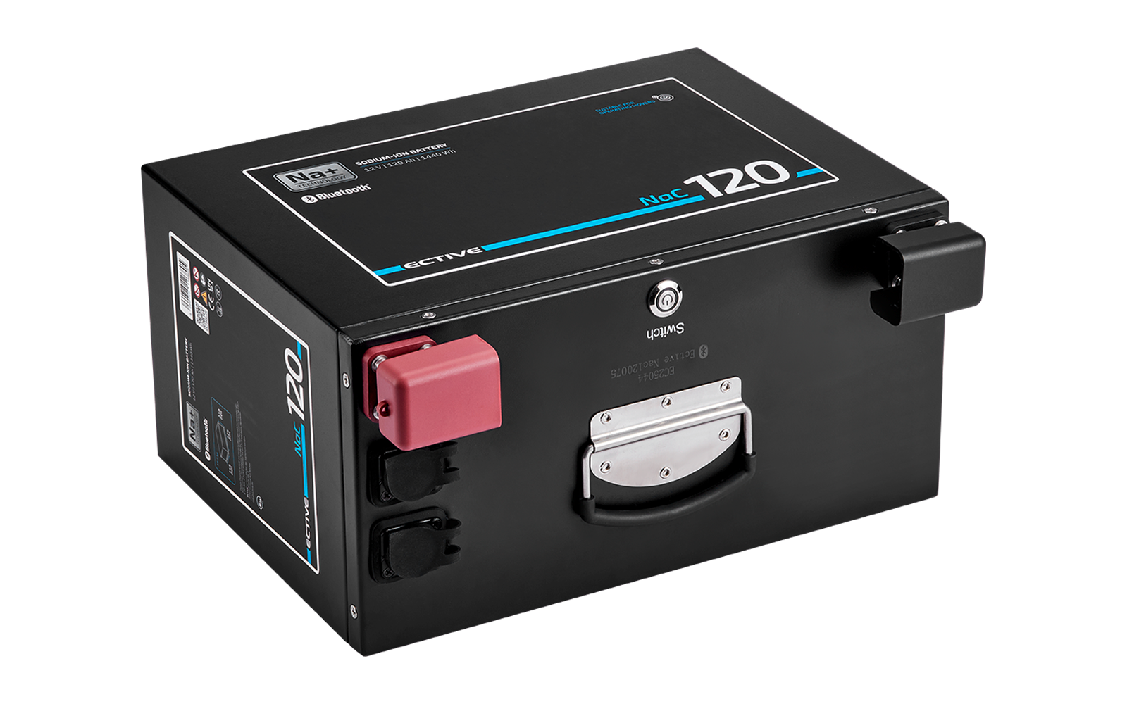 Schwarzer rechteckiger Metallkasten mit Tragegriff vorne, Metallverschluss, rotem und schwarzem Steckverbinder an der Seite und weiß-blauer Aufschrift "hac 120" auf dem Deckel