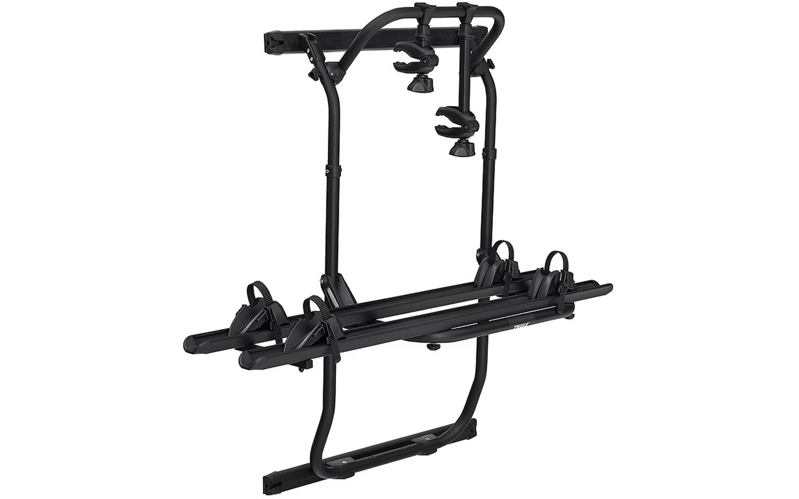 Schwarzer Fahrradträger aus Metall vor weißem Hintergrund