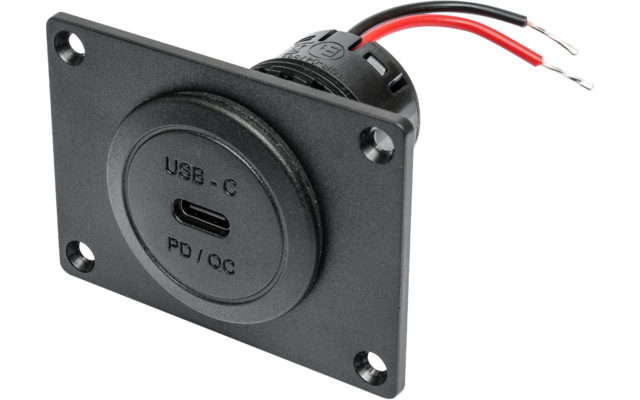 Schwarze rechteckige Platte mit vier Schraublöchern, mittig runde USB‑C‑Buchse mit Aufschrift 'USB‑C' und 'PD / QC', zwei rote und schwarze Drähte hinten